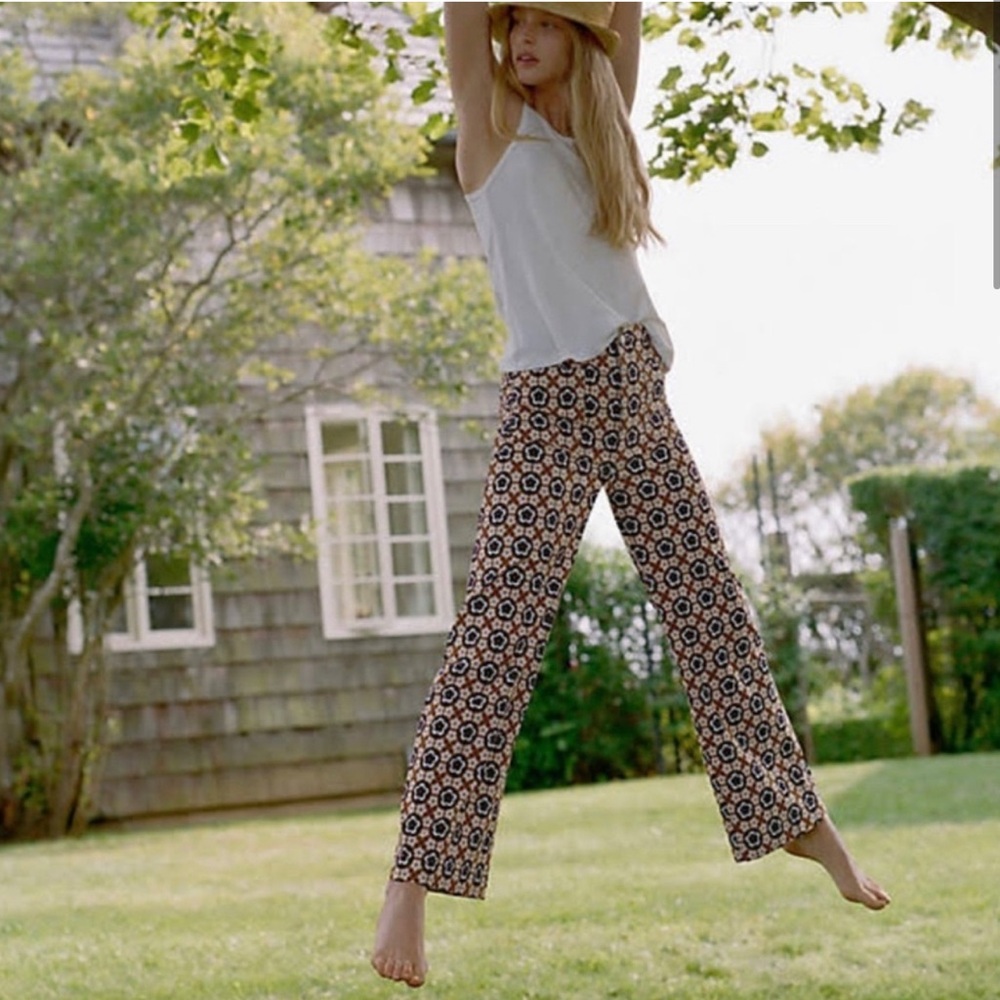 Anthropologie Floral Geometric Wide-Leg Pants in Navy, Cream & Rust